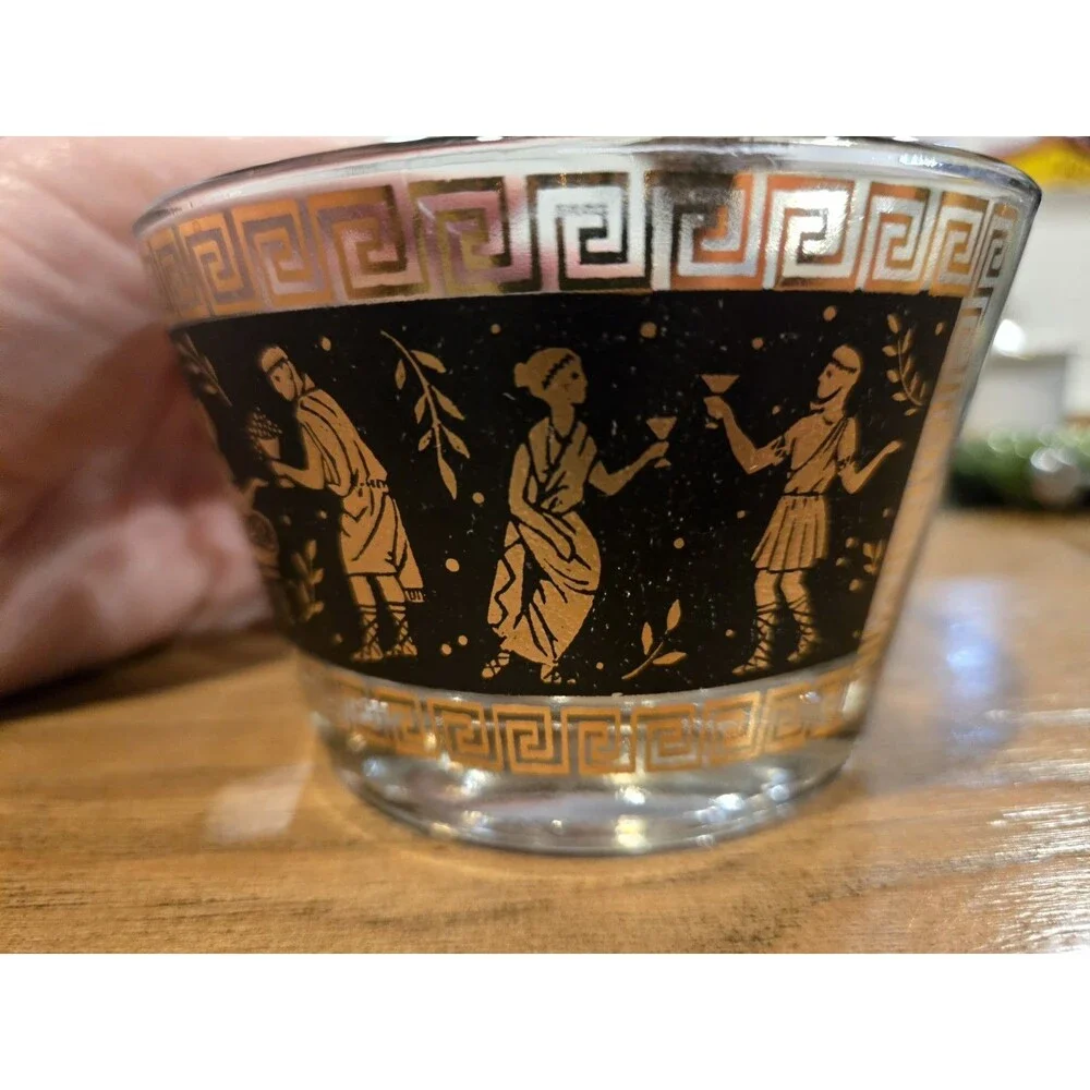 Vintage Ceraglass Etruscan Frieze Rocks Glass Cup 22k Gold MCM Greek